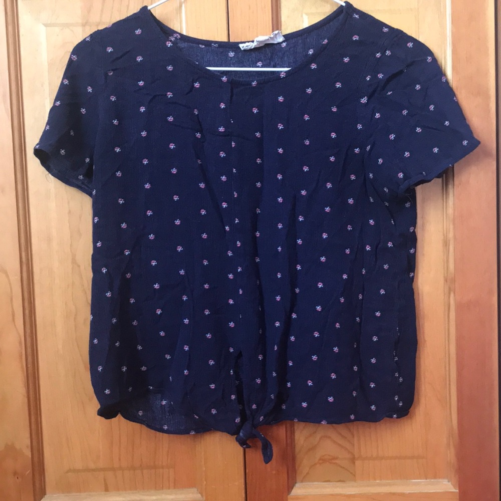 navy blue top with pink flowers